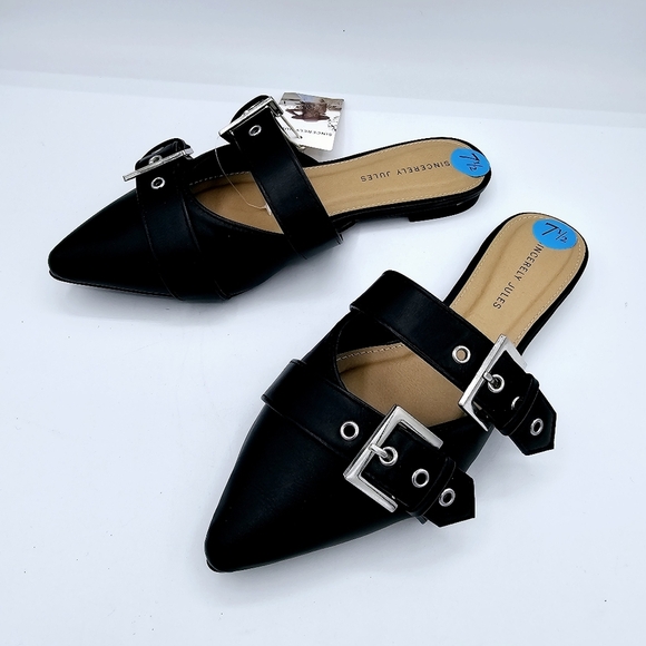 Sincerely Jules Black Buckle Pointed Toe Flats Mules NWT - Picture 8 of 10